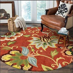 Red Floral Round Rug - 3' Diameter Washable Round Area Rug